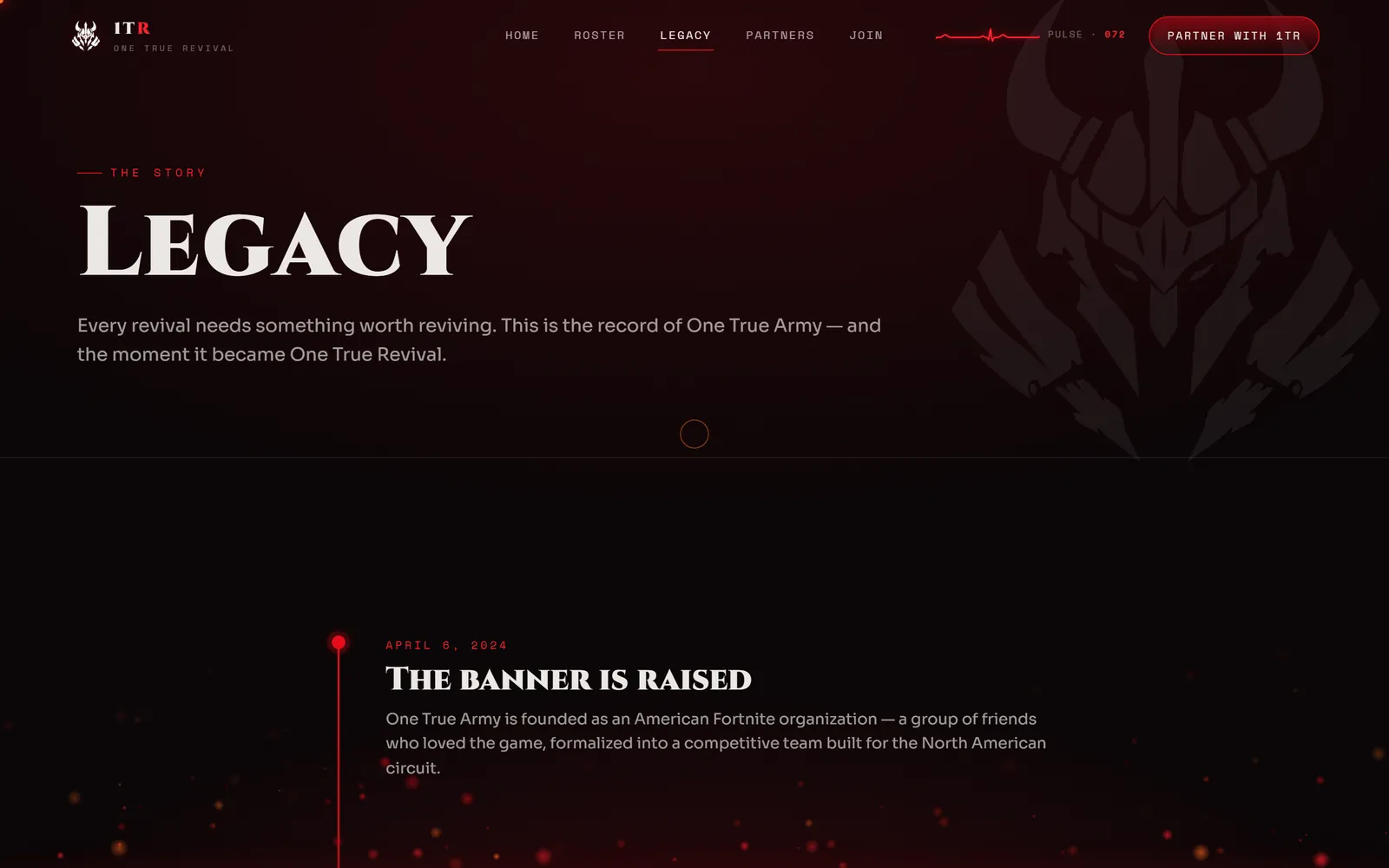 1TR; dark cinematic legacy page with red timeline
