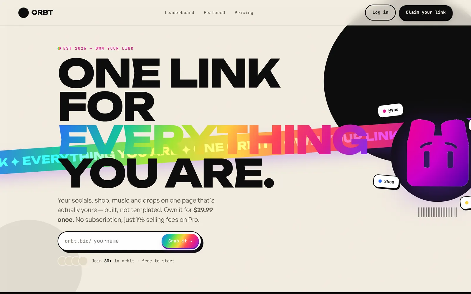 Orbt; link-in-bio product homepage, 'One link for everything you are'